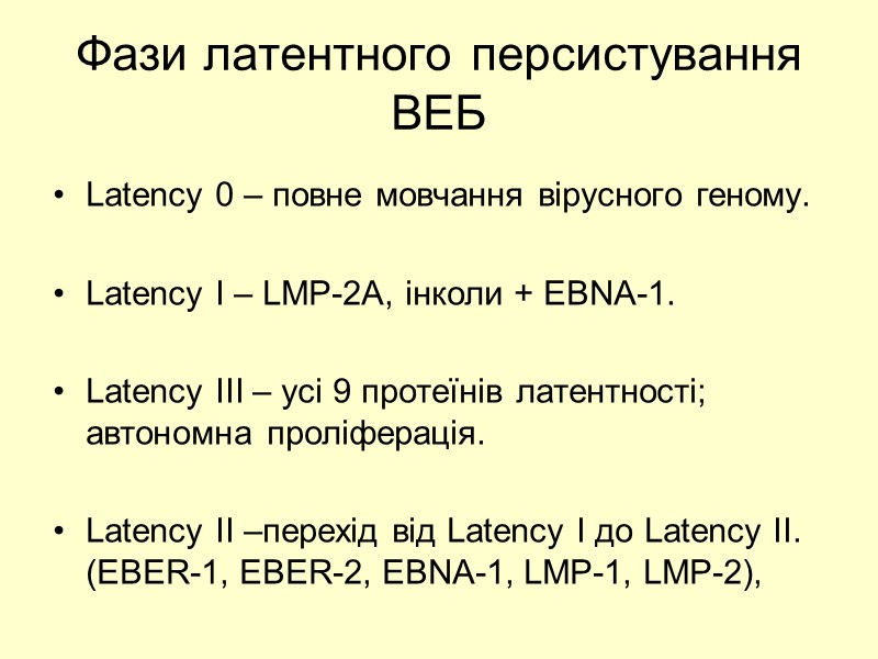 Фази латентного персистування ВЕБ Latency 0 – повне мовчання вірусного геному.  Latency І